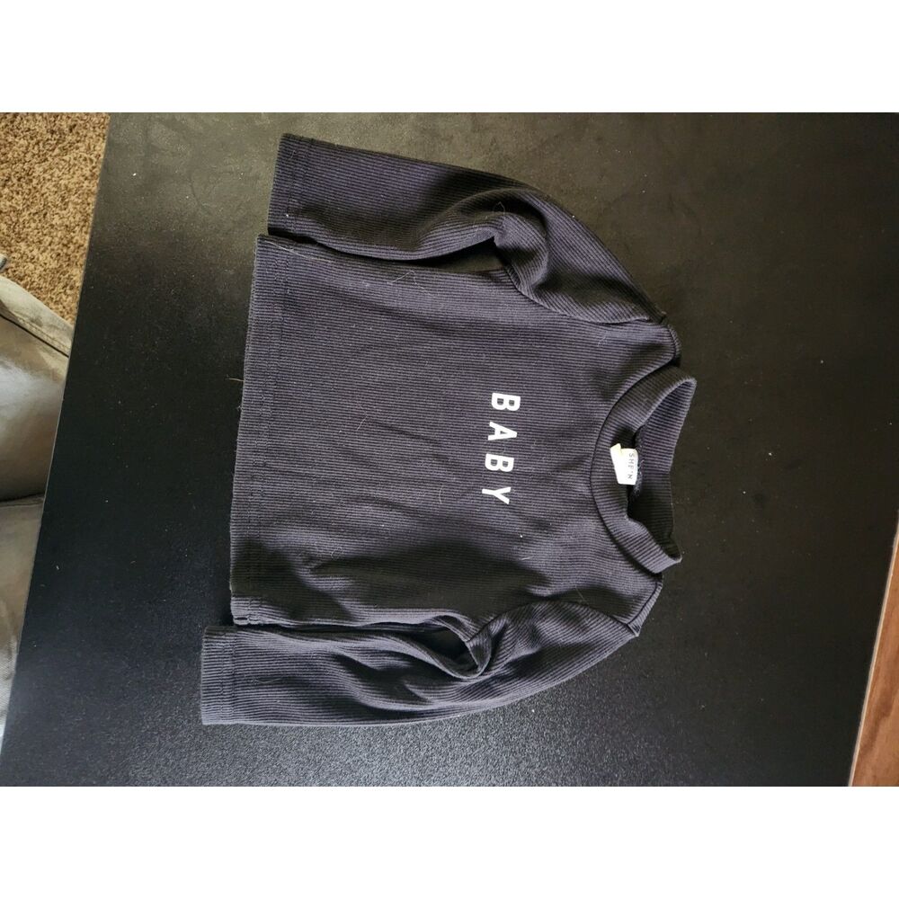 SHEIN Baby 6-9M Black Ribbed Long Sleeve BABY Graphic Shirt